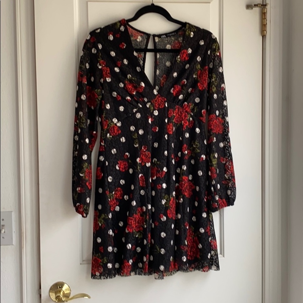 Black with red roses Zara lace dress
